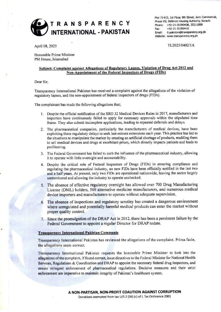 Transparency International Pakistan Alleges Regulatory Lapses, Drug Act Violations